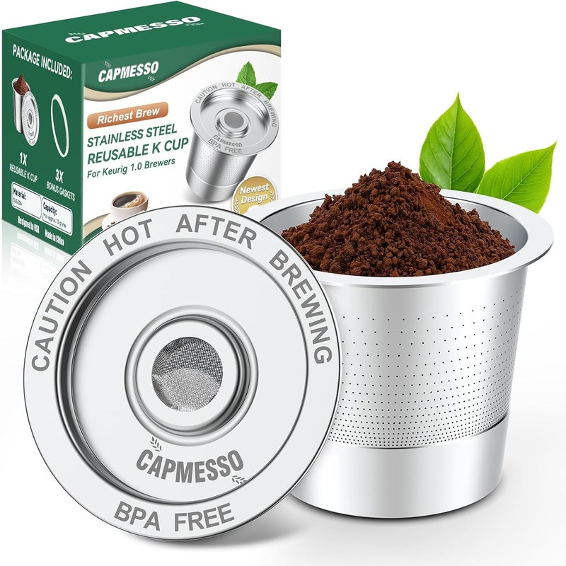 CAPMESSO Reusable K Cups for Keurig 1.0: Stainless Steel Coffee Pod Metal Refillable K Cup - Universal Coffee Filters for Keurig 1.0 Coffee Maker, Eco-Friendly, Innovative Design - Image 1